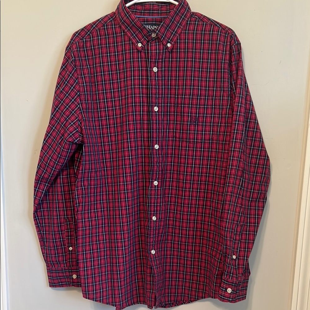 Chaps Red and Blue Plaid Casual Button Down Shirt. Size Large.